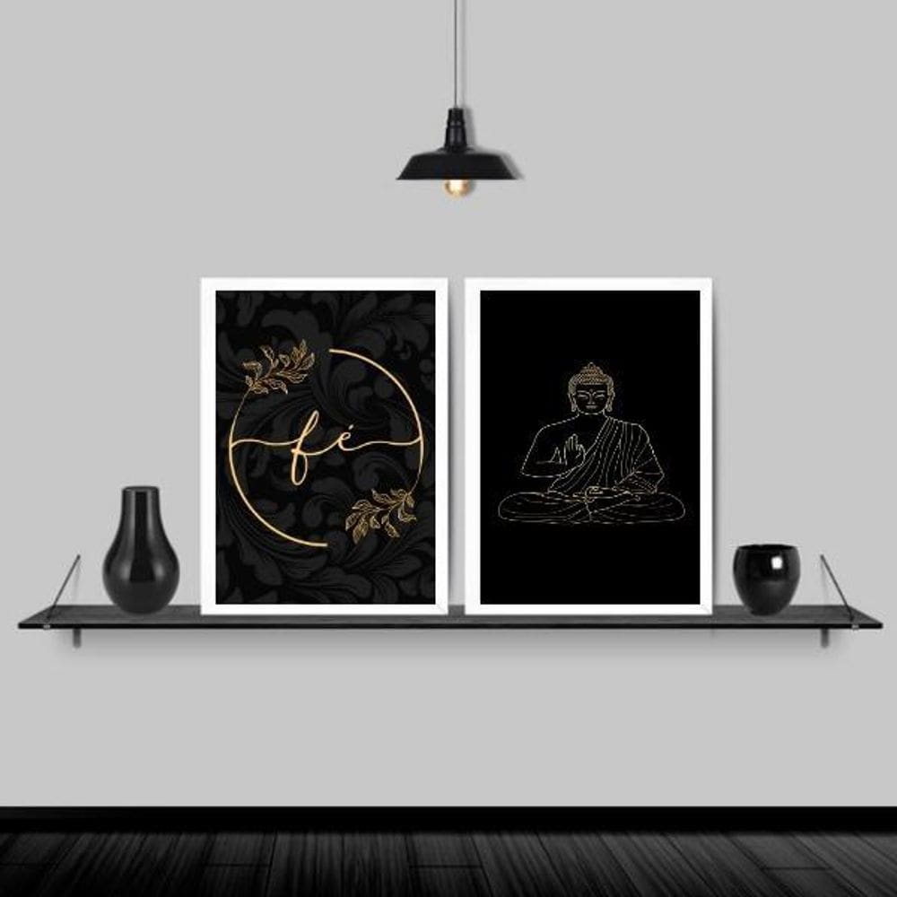 Kit 2 Quadros Buda Fé Preto Com Dourado 45X34 Moldura Branca