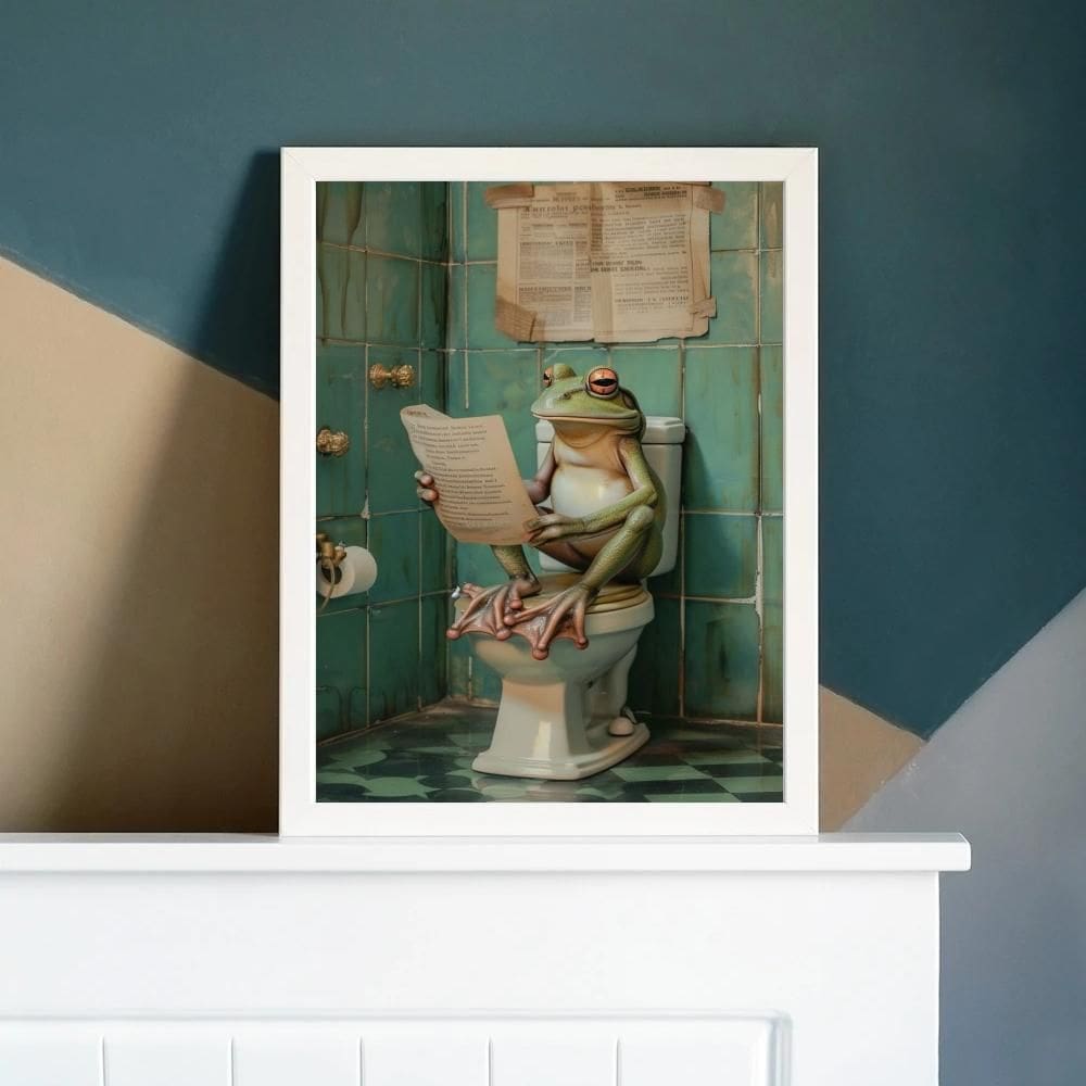 Quadro Perereca No Banheiro Lendo Jornal 24X18Cm - Com Vidro