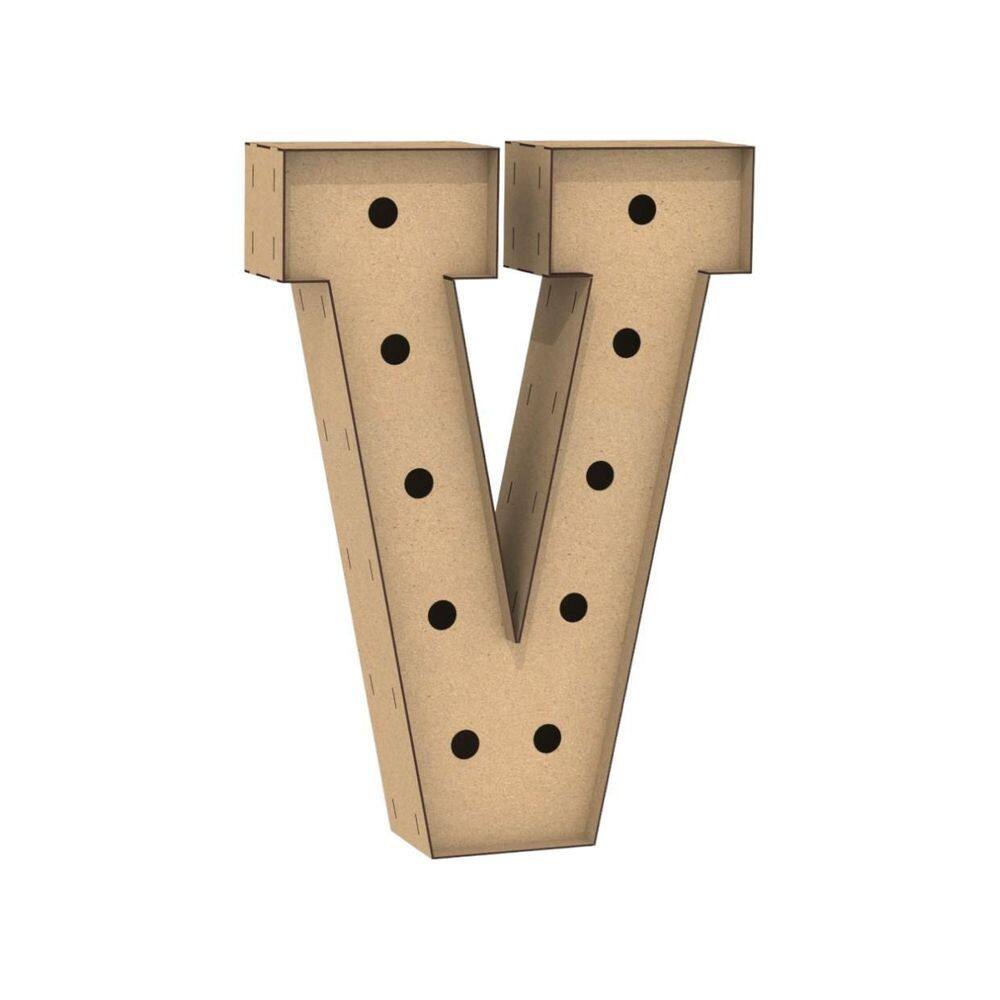 Letra Caixa Grande V Mdf 60Cm Altura Furo Lampada Iluminação