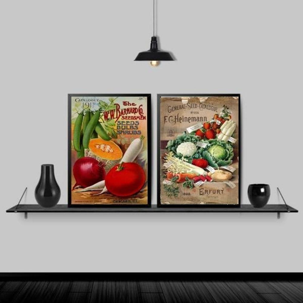 Kit 2 Quadros Cozinha Vegetais E Frutas 45X34Cm Vidro Preta