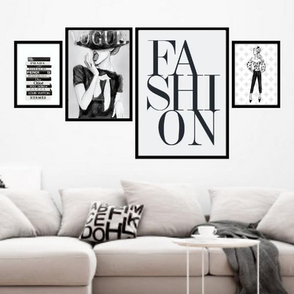 Kit 4 Quadros Moda Fashion - Tam M 33X24Cm - Com Vidro Preta