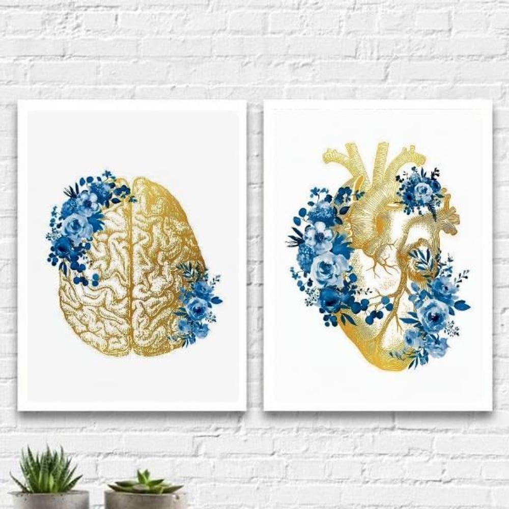 Kit 2 Quadros Cérebro Coração Flores Azul 45X34 Vidro Branca