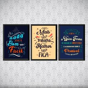 Kit 3 Quadros Frases Motivacionais De Trabalho 45X34Cm Preta