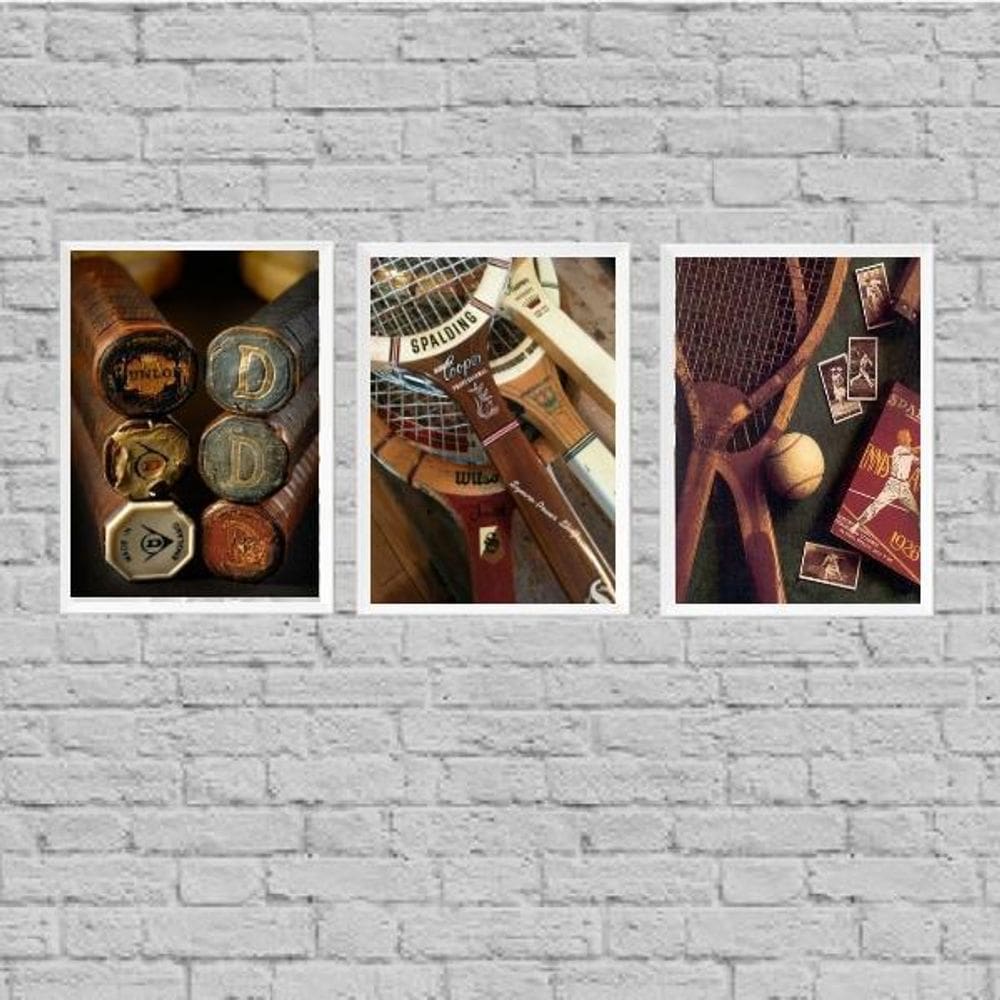 Kit 3 Quadros Esporte Tênis Vintage 24X18Cm Branca