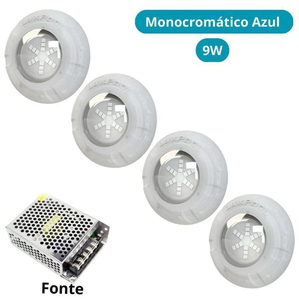 Kit Iluminação Azul Piscina 64M 4 Leds Com Fonte Luxpool