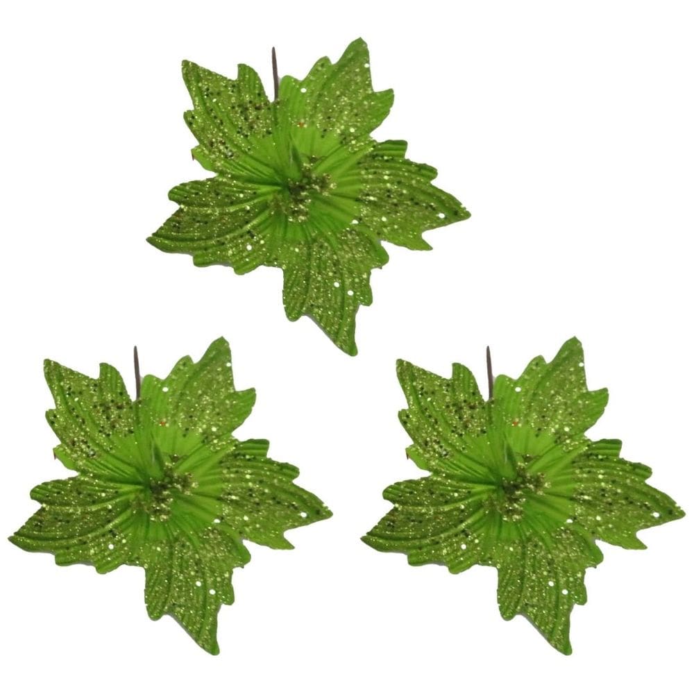 Kit 3 Flores Bico de Papagaio Pick Natal Glitter Lantejoulas Verde 20cm - Magizi