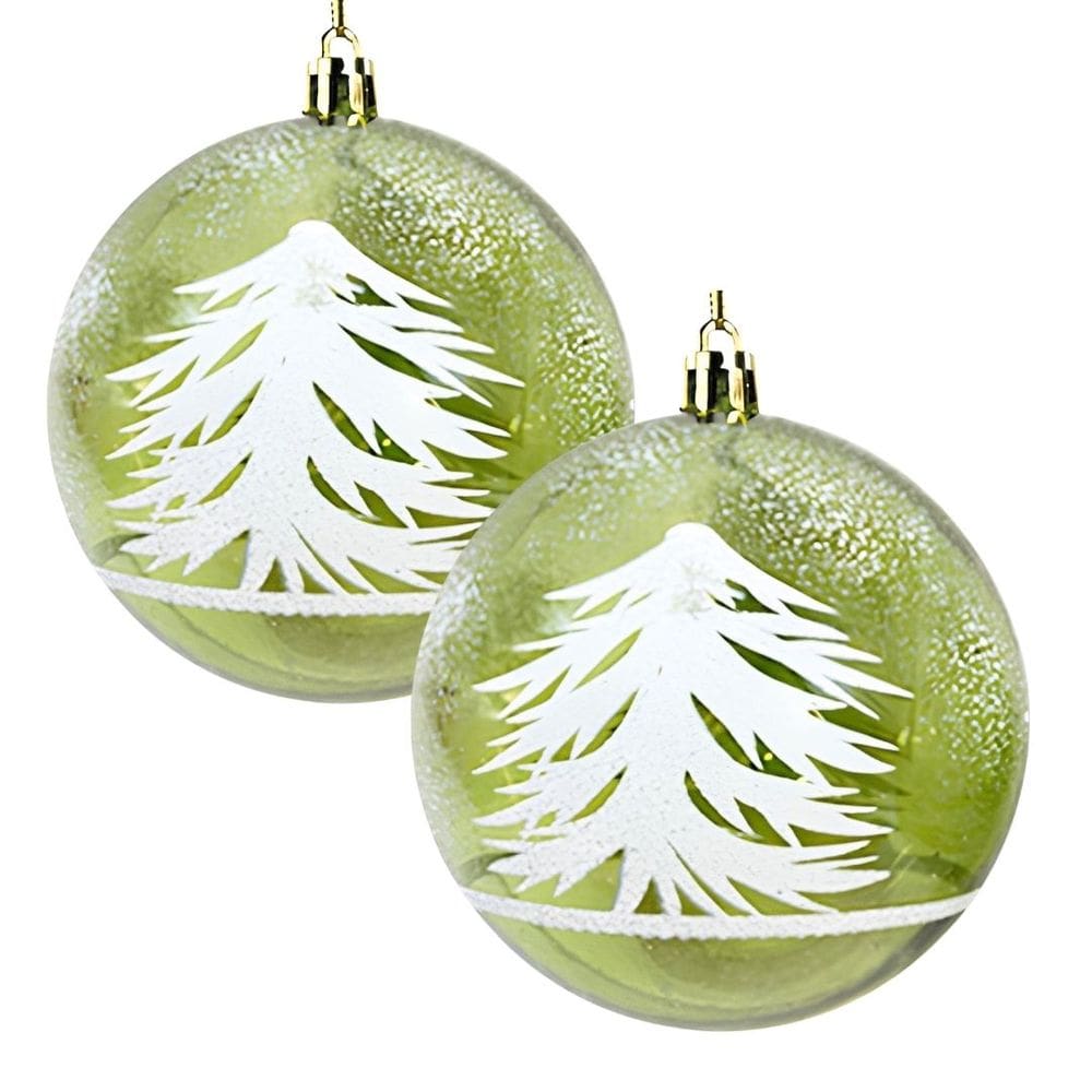 Jogo 2 Bolas Natal Verde Decorada Translúcida Pinheiro Nevado 10cm - Magizi