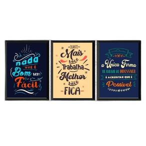 Kit 3 Quadros Frases Motivacional Trabalho 45X34 Vidro Preta