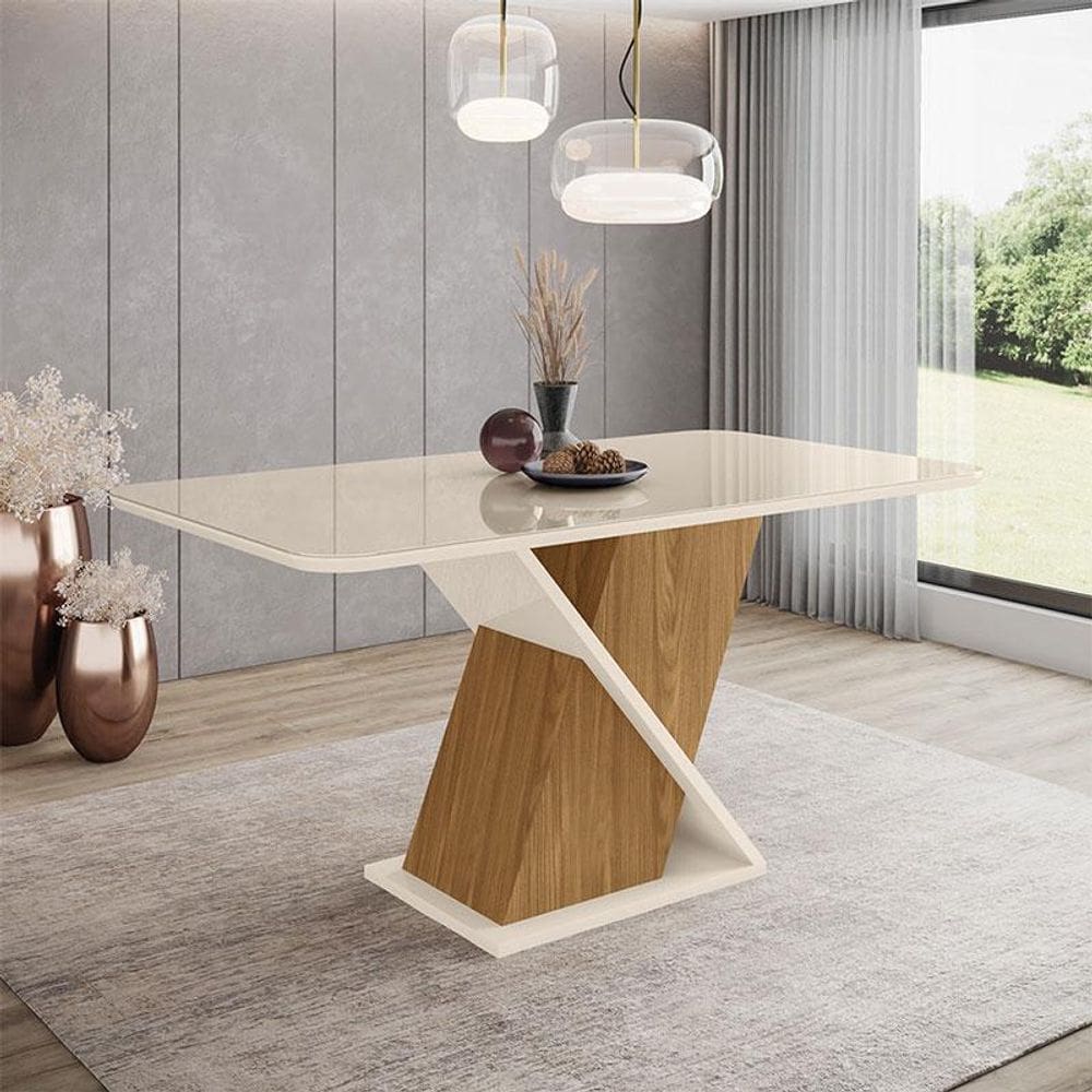 Mesa de Jantar Solus 160 cm Ambiente Canto Arredondado com Vidro Nature Off White - Henn