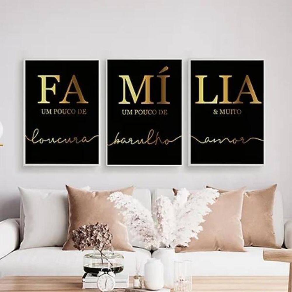 Kit 3 Quadros Família Preto Com Dourado 33X24Cm Vidro Branca