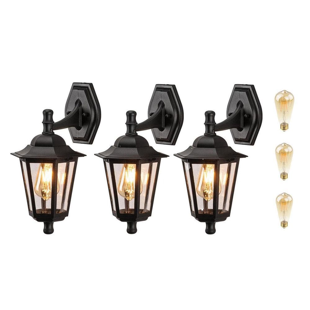 Kit 3 Arandela Vintage Externo Preto Lente Transp. Lup40 +