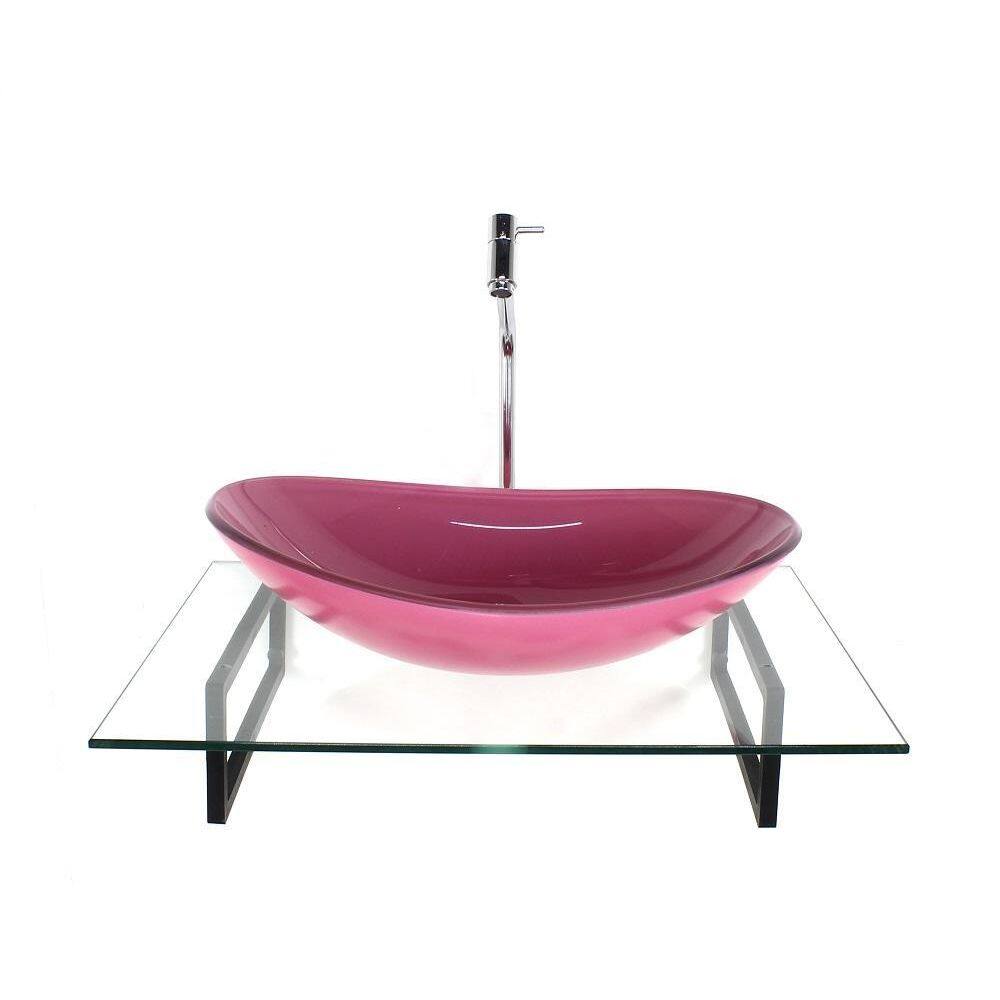 Kit Cuba Vidro Oval Rosa Tampo 60Cm Incolor E Suporte