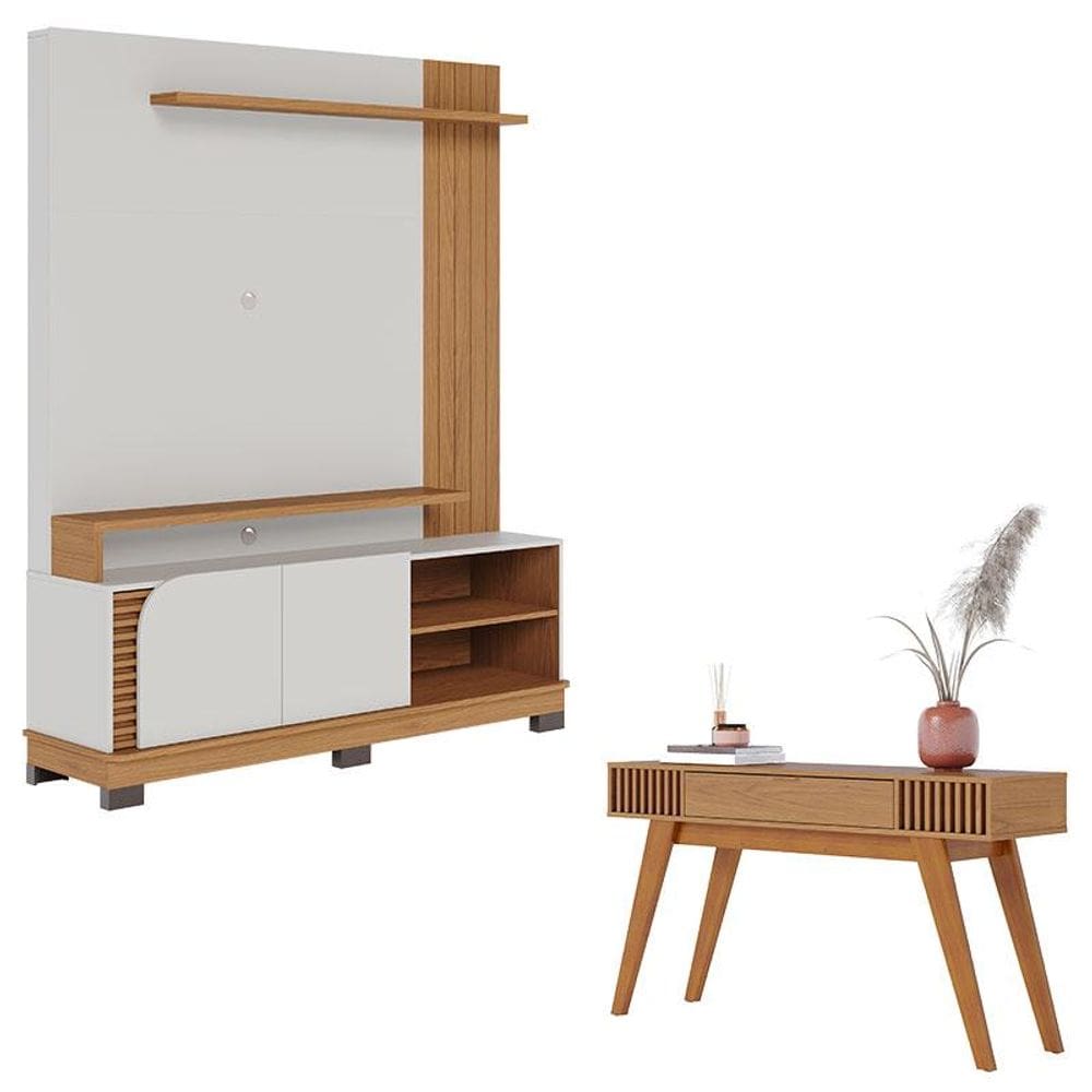 Estante Home Theater Jurerê 1.5 Off White Matte Freijó com Aparador Riviera Freijó – Colibri
