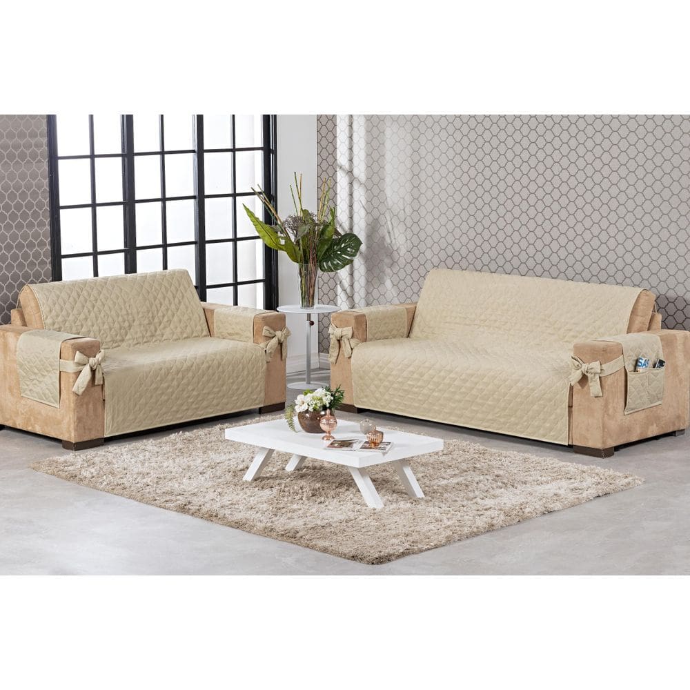Kit Capa De Sofá 2 E 3 Lugares Sala Com Laço Bege