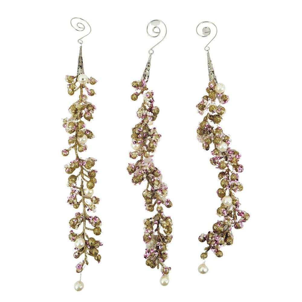 Galho Pérolas Rosa E Dourado 33X3Cm Folhagem De Natal 3Pc