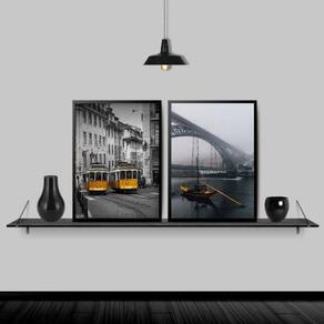 Kit 2 Quadros Portugal Amarelos 45X34Cm Com Vidro - Preta