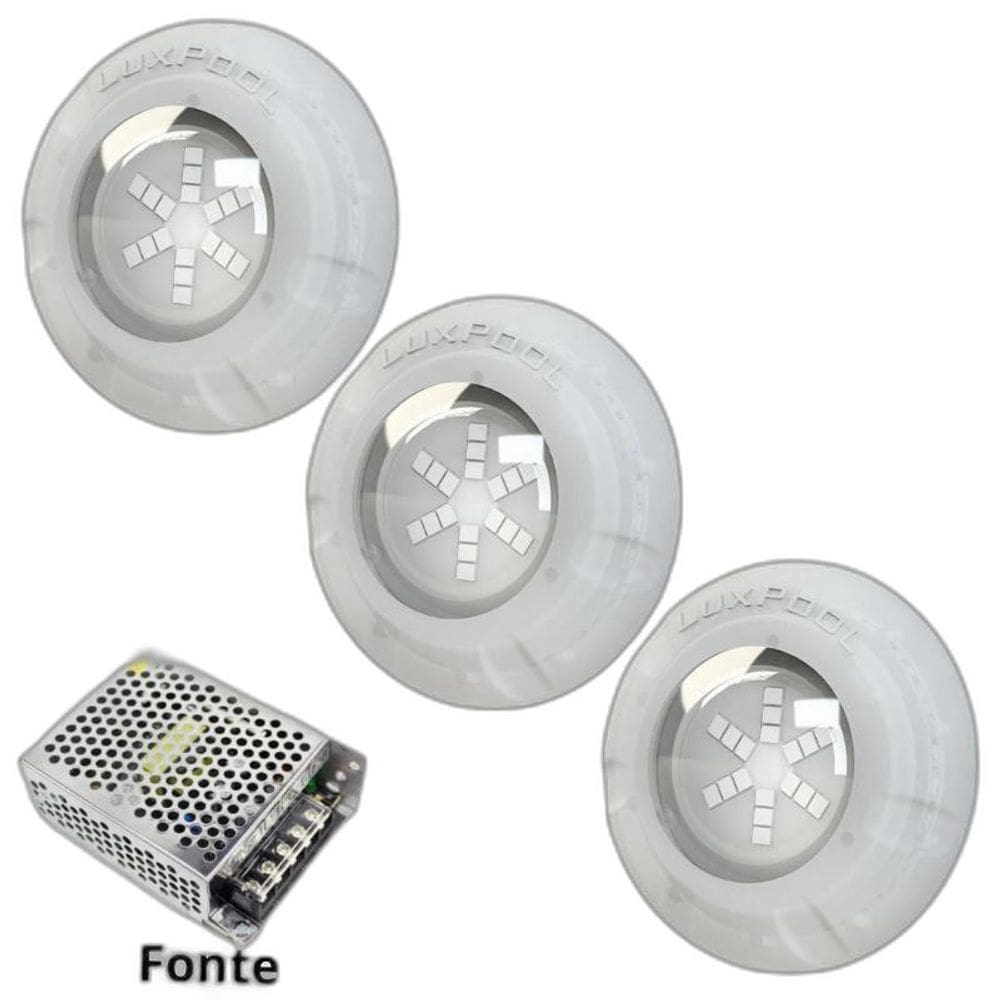 Kit Iluminação Azul Piscina 24M 3 Leds Com Fonte Luxpool