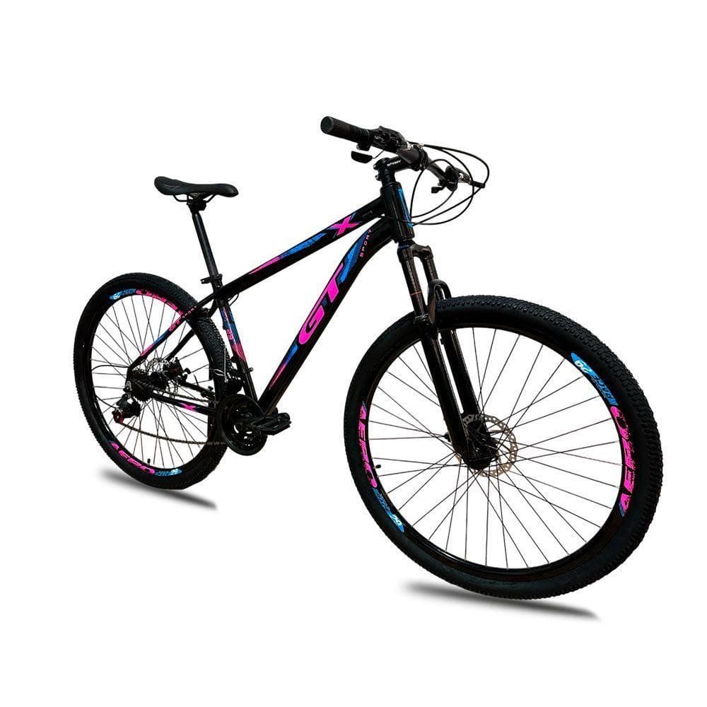 Bicicleta Aro 29 Alumínio K7 24 Marchas Freio a Disco Quadro 19 Azul e Rosa