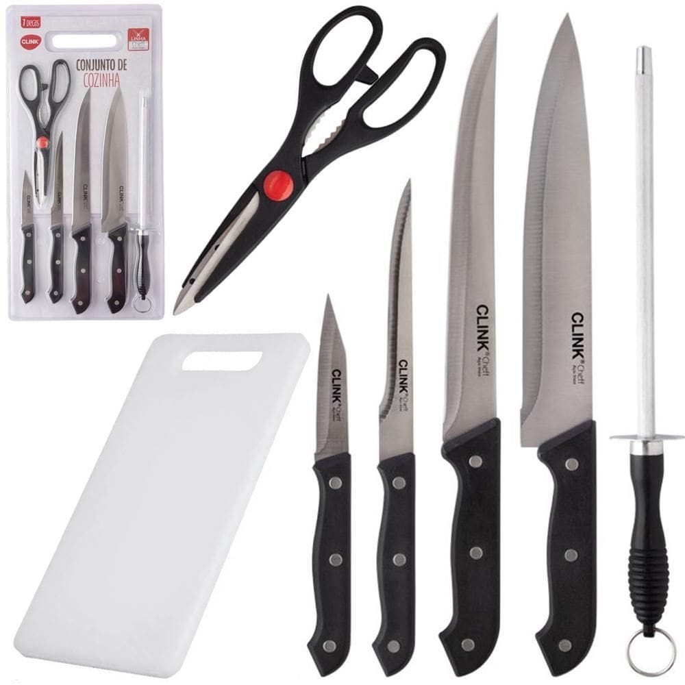 Kit Facas Tabua Tesoura Chaira De Inox Cabo Plastico 7 Pc