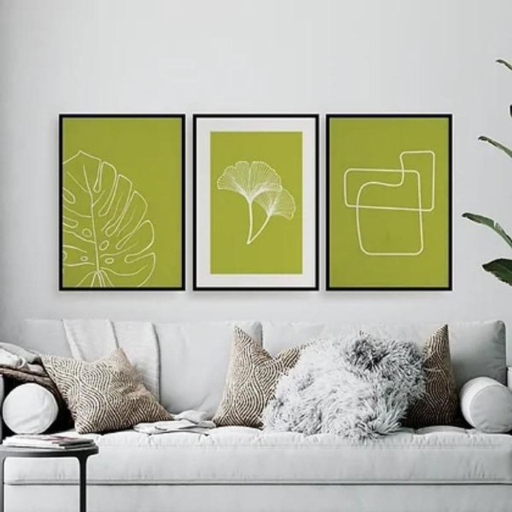 Kit 3 Quadros Minimalistas Verde 33X24Cm Madeira Preta