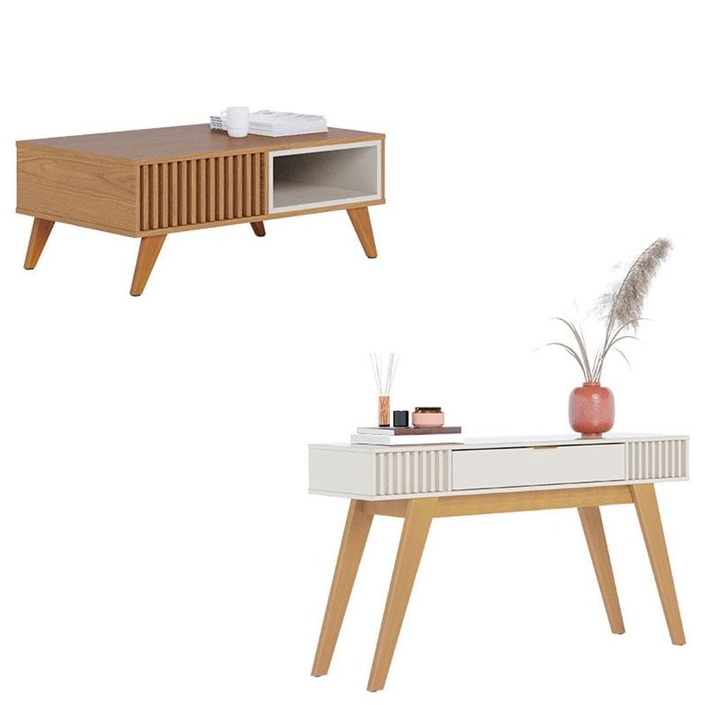 Mesa de Centro Jeri Freijó Off White com Aparador para Sala Riviera Off White – Colibri