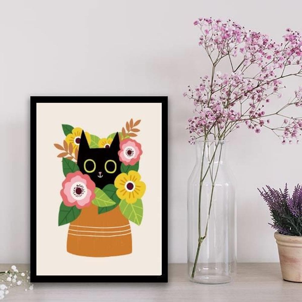 Quadro Gatinho Com Vaso De Flores 45X34Cm Moldura Preta