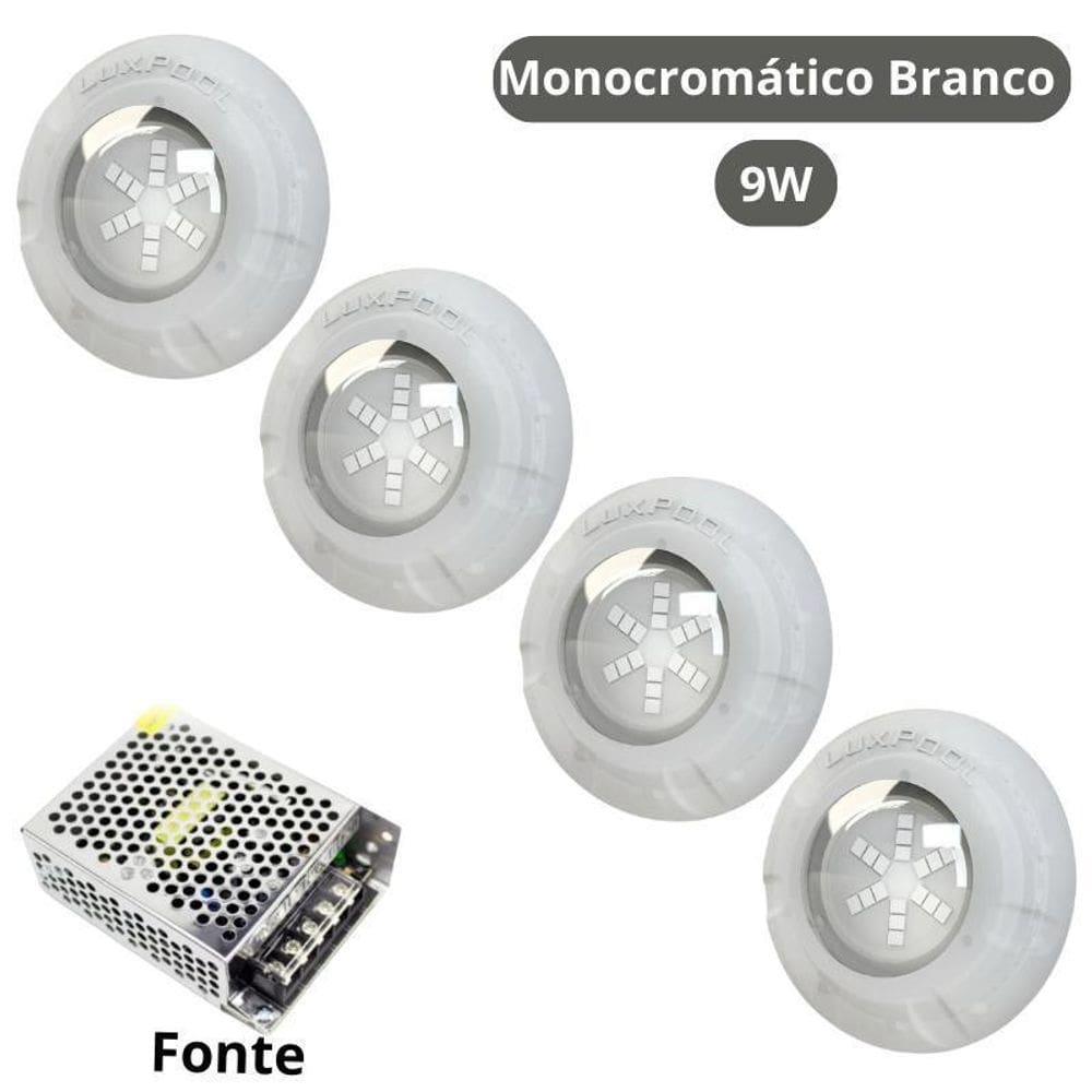 Kit Iluminação Branco Piscina 64M 4 Leds Com Fonte Luxpool
