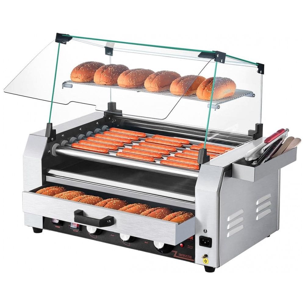 Máquina de Cachorro-Quente VEVOR, 18 Hot Dogs em 7 Rolos, Grill de Salsichas em Aço Inoxidável, 1200W com Aquecedor de Pães, Tampa,