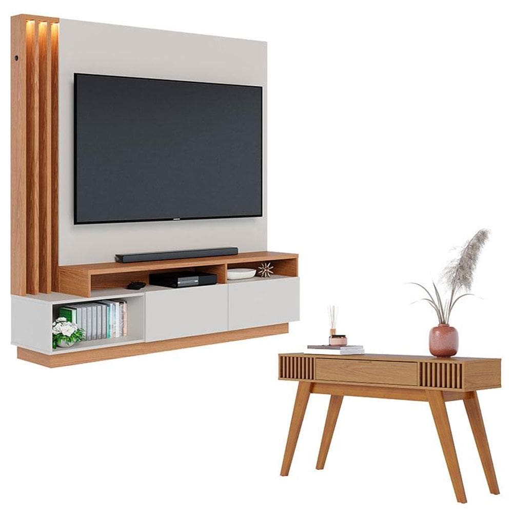 Estante Home Theater Humaitá Off White Matte Freijó com Aparador Riviera Freijó – Colibri