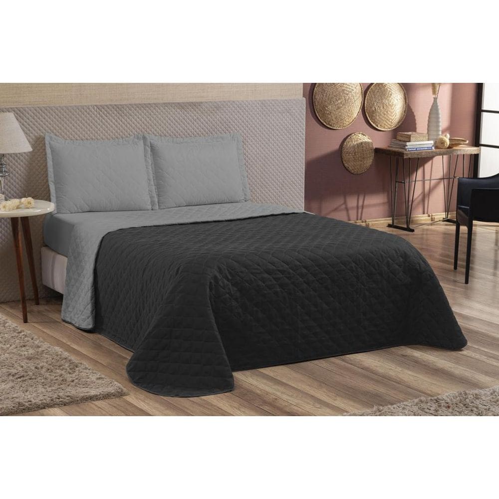 Kit Colcha Cobre Leito Dupla Face 3 Pç Matelado Preto Cinza