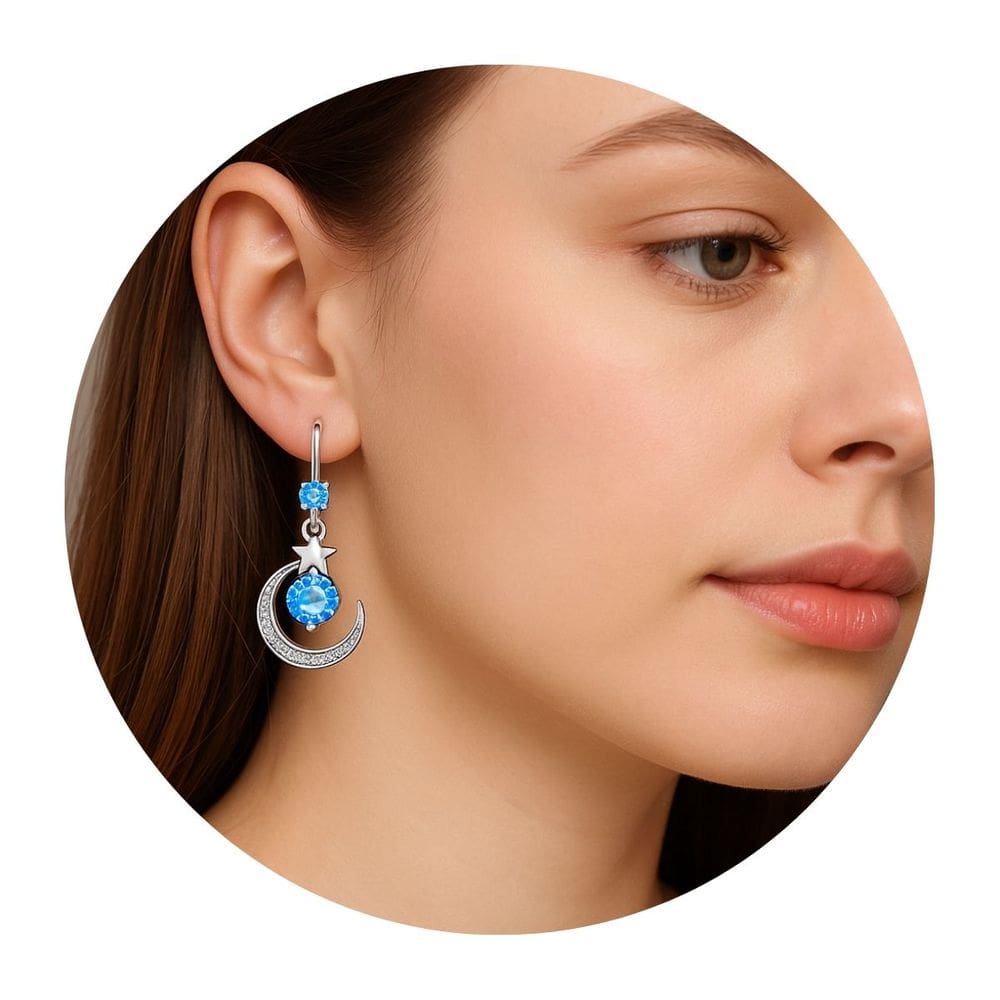 Brinco Feminino Lua e Estrela Cristal Azul Rosa Prata luxo