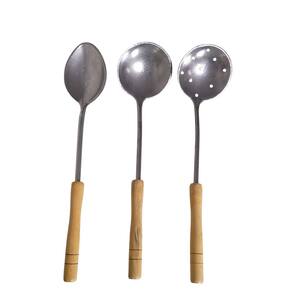 Jogo Escumadeira Concha Colher Alumínio Cabo Madeira 45cm 3pçs