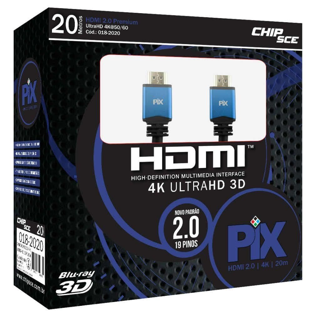 Cabo Hdmi Ultra Hd 3D 4K 2.0 Com 19 Pinos 20M 018-2020