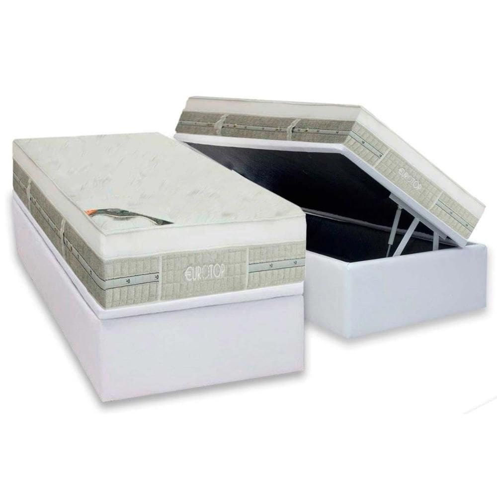 Cama Box Baú Solteiro: Colchão Molas Ensacadas Castor Eurotop Summer e Winter + Base CTC Courano White (88x188)