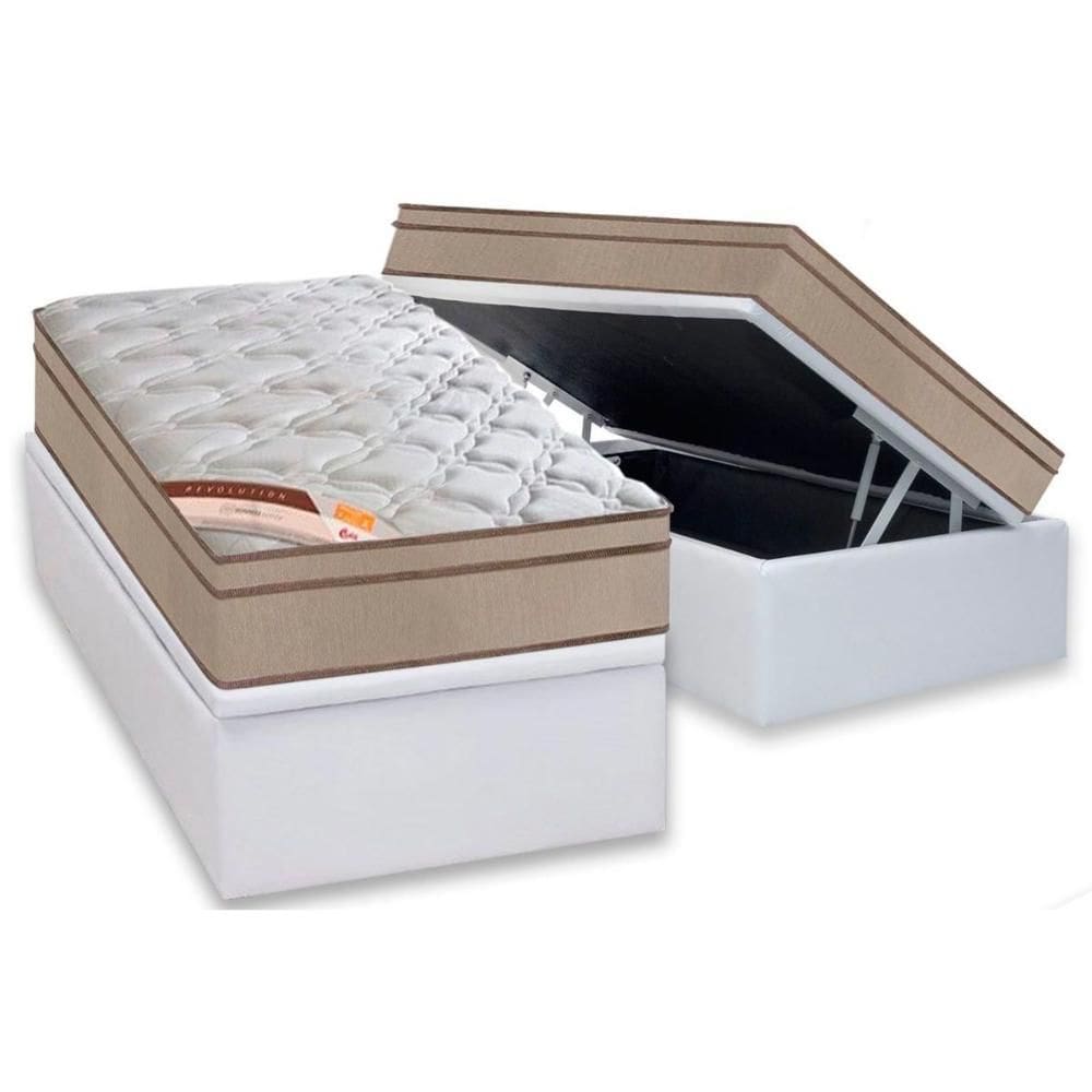 Cama Box Baú Solteiro: Colchão Molas Ensacadas Castor Revolution Híbrido + Base CRC Courano White (88x188)