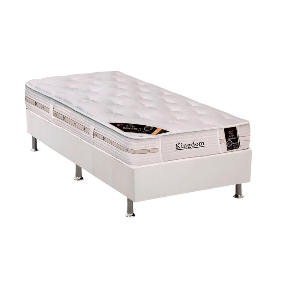 Cama Box Solteiro: Colchão Molas Pocket Ensacadas Castor Kingdom Aloe Vera + Base CRC Courano White (88x188)