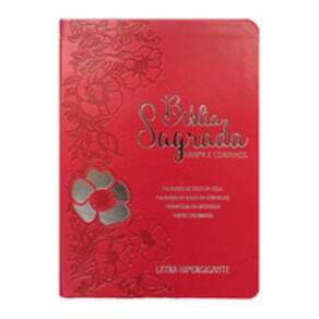 Bíblia hipergigante arc full color c/harpa pu luxo c/ índice dourada - Floral dália vermelho
