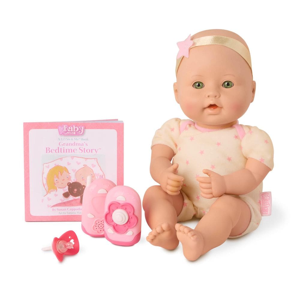 Doll Baby Sweetheart Bed Time 30 cm, corpo macio com livro de histórias