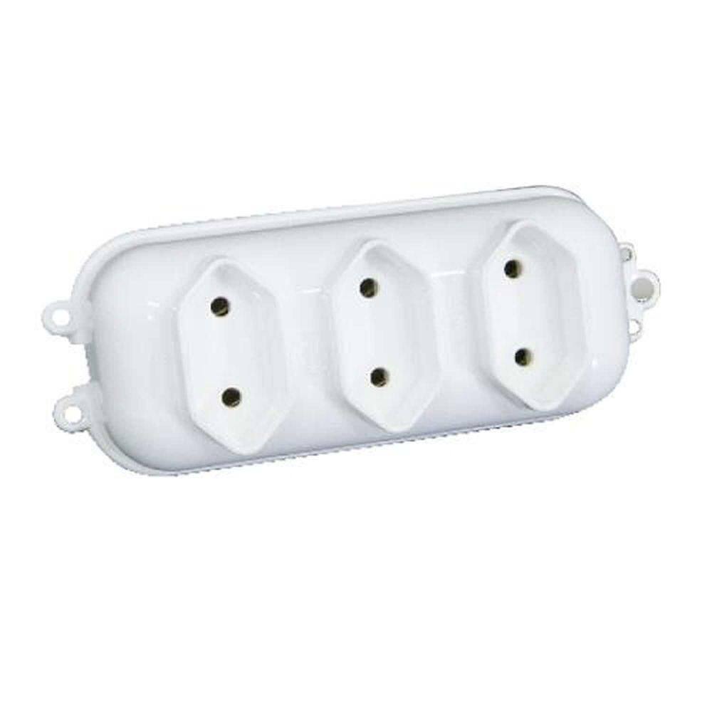 Tomada Em Barra 3 Tomadas 2p Pvc Branco 20a 250v~ - Altura 35mm Largura 75mm Profundidade 60mm
