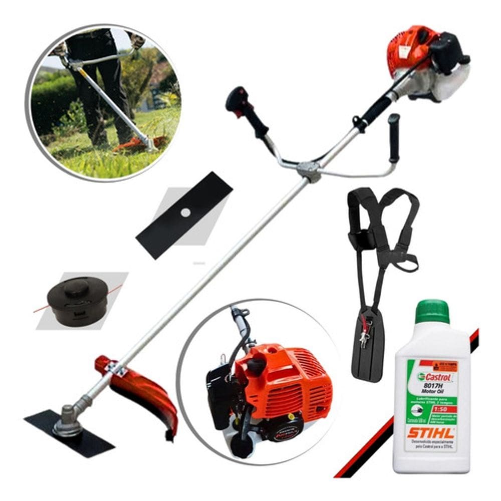 Roçadeira Aparador Grama 2T 43cc Anmax 1,7hp com Faca 2 Pontas, Carretel com Fio + Óleo Lubrificante Stihl