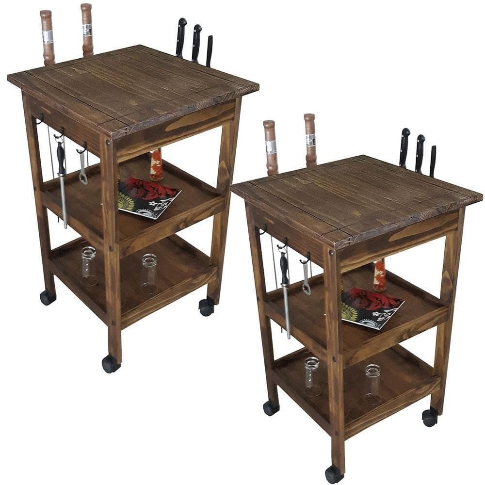 Kit 2 Carrinhos De Churrasco Mesa Churrasqueira Imbuia