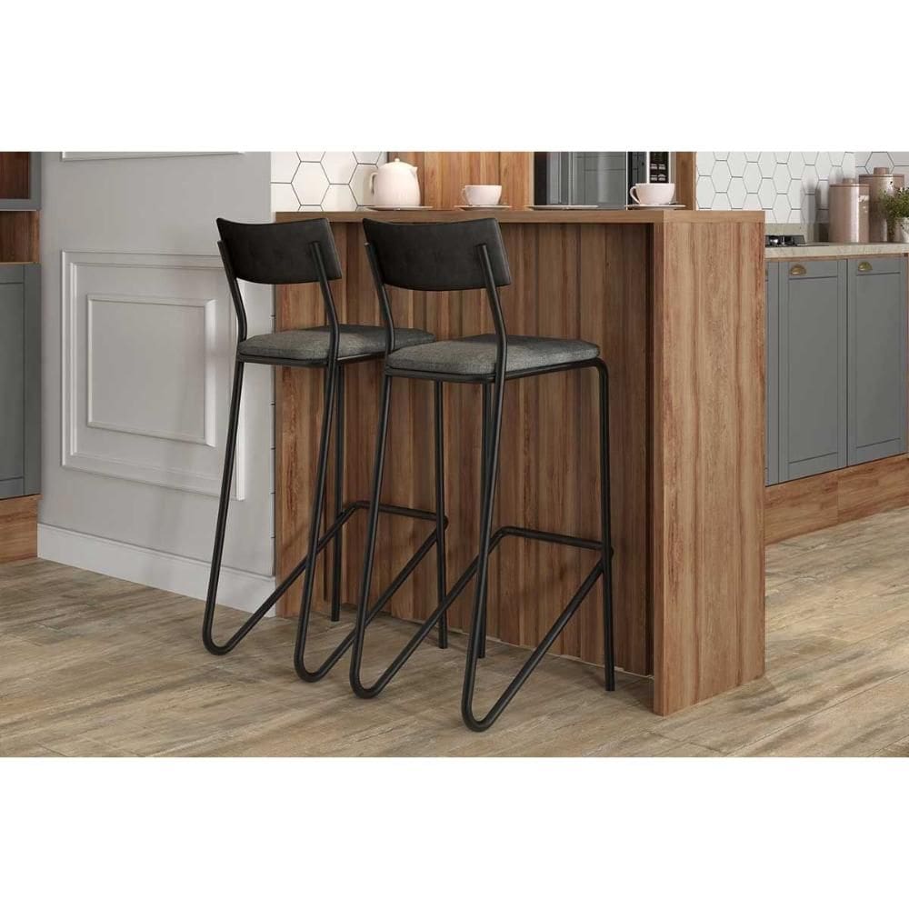 Balcão de Cozinha Modulado Bella 2613 120cm e 2 Banquetas 1747 Nogal - Preto/Grafite - Preto - Carraro