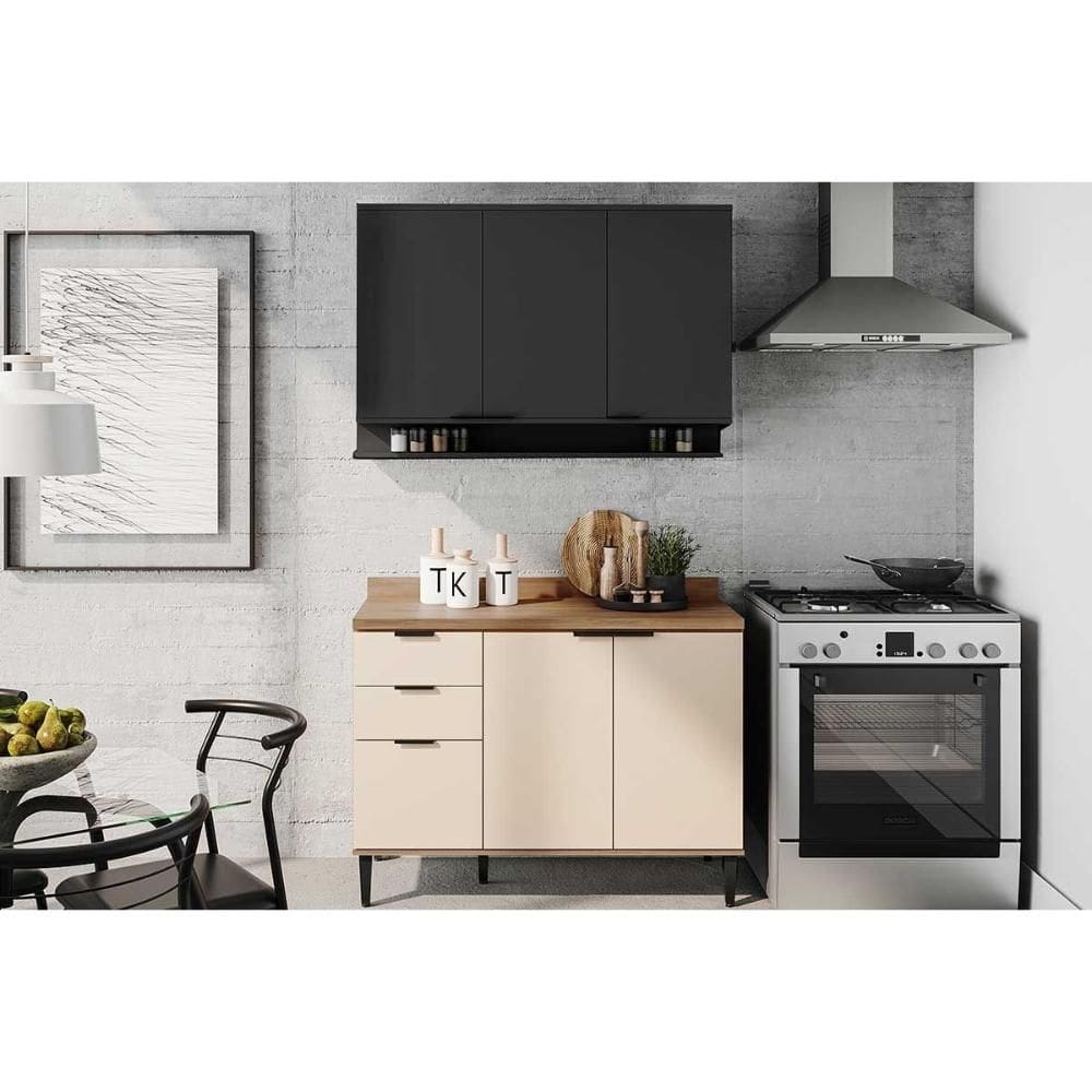 Cozinha Completa Alpha 2 Peças (1Aéreo+1Balcão) C2P53 Freijo/Off White/Preto - Carraro