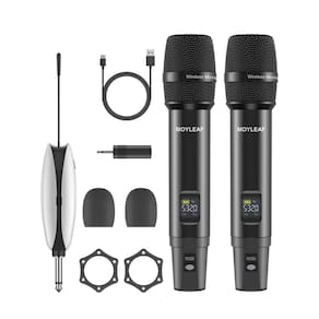 Microfone sem fio MOYLEAF Metal Dual UHF recarregável de 240 pés