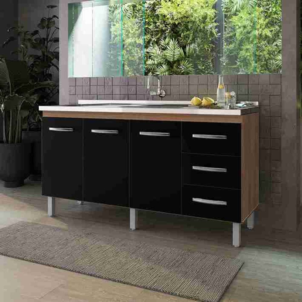 Balcão Gabinete para Pia 150cm Diana com 3 Portas - Savana/Preto