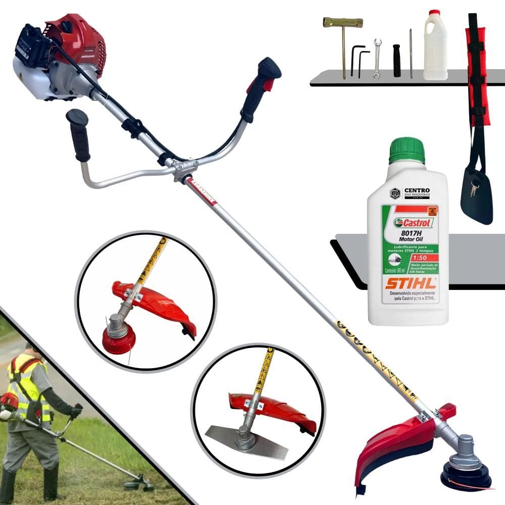 Roçadeira Lateral Completa À Gasolina Kawashima BCJ620L 62cc 3HP Alta Rotação Com 2 Opções de Corte Carretel Nylon + Faca 2 Pontas + ÓLEO STIHL 2T