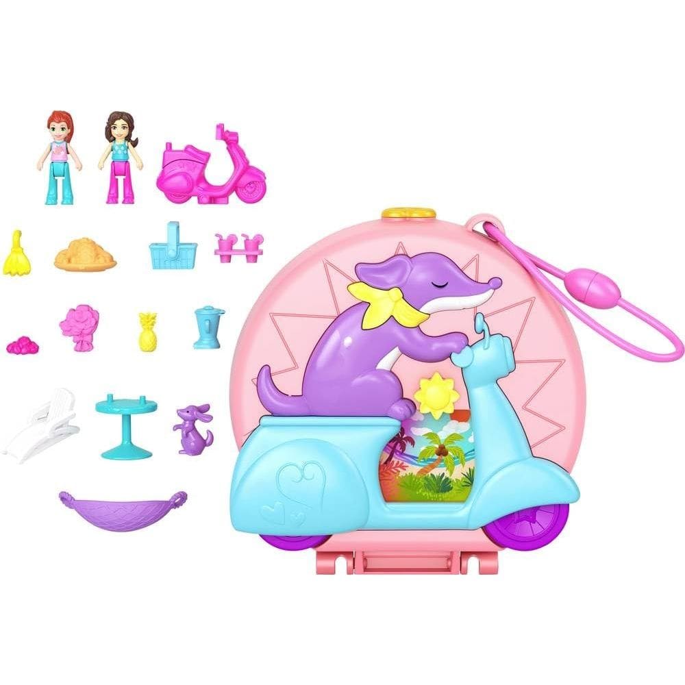 Playset Polly Adventure, ciclomotor compacto com 2 bonecos