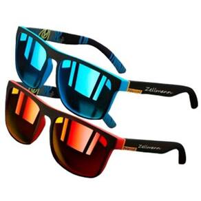 Par Óculos de Sol Masculino Azul + Vermelho Espelhado Polarizado Quadrado com Proteção 400UV