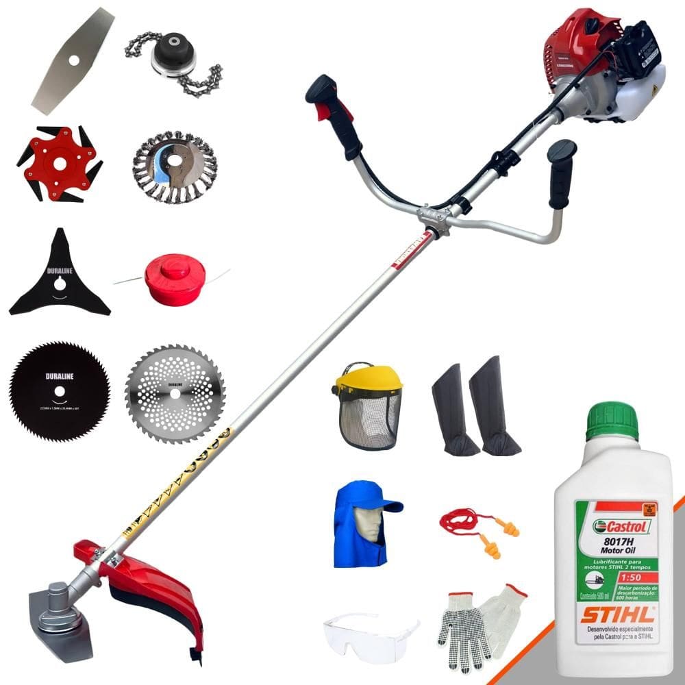 Roçadeira Multifuncional Kawashima BCJ620L À Gasolina 62cc 3HP Ideal Para Todos os Tipos de Trabalhos Com 8 Opções de Cortes + EPI + ÓLEO STIHL 2T
