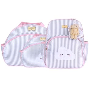 Kit Bolsas E Mochila Maternidade Listrado Baby Classic Cinza E Rosa